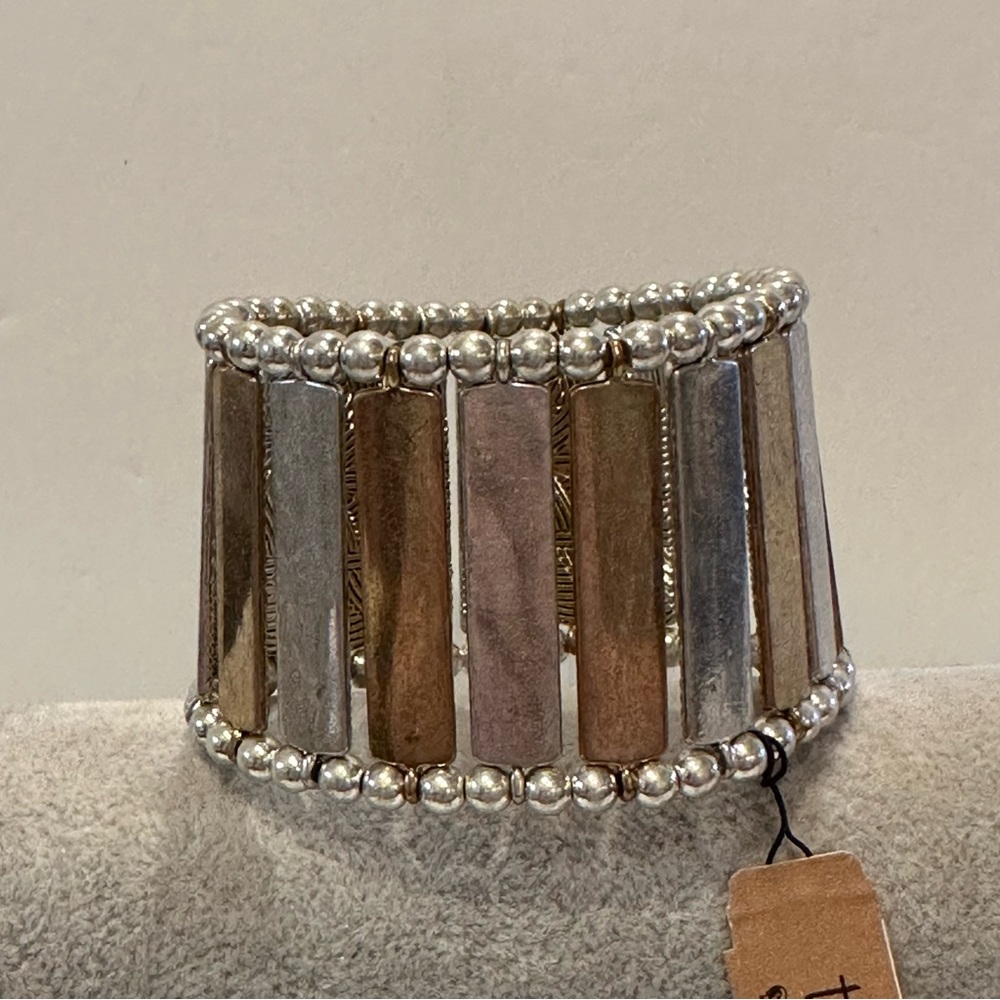 NWT The Sak Bracelet- antiqued silver & gold tone, stretch, wide - Picture 7 of 11
